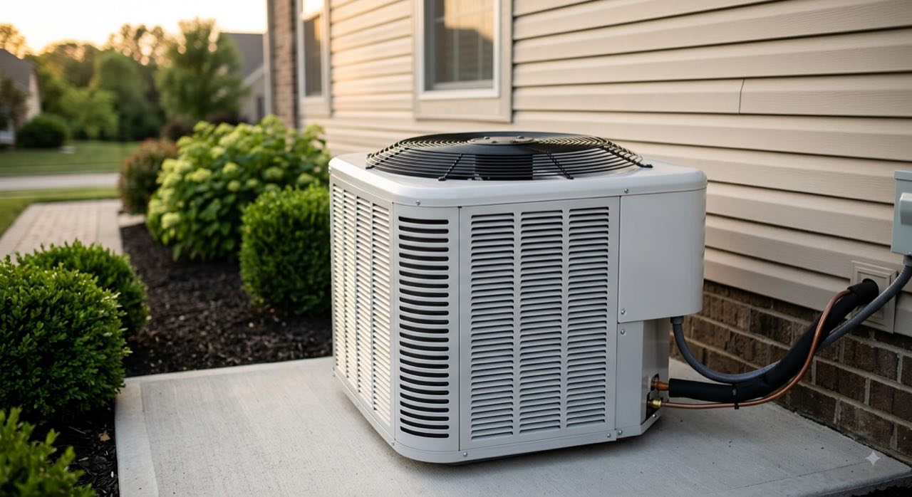 A high-efficiency air conditioner condenser installed beside a West Michigan home at dusk